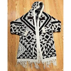 Granny Long Sweater Open Cardigan Fringe Knit Women's LG Geometric Tribal Purple